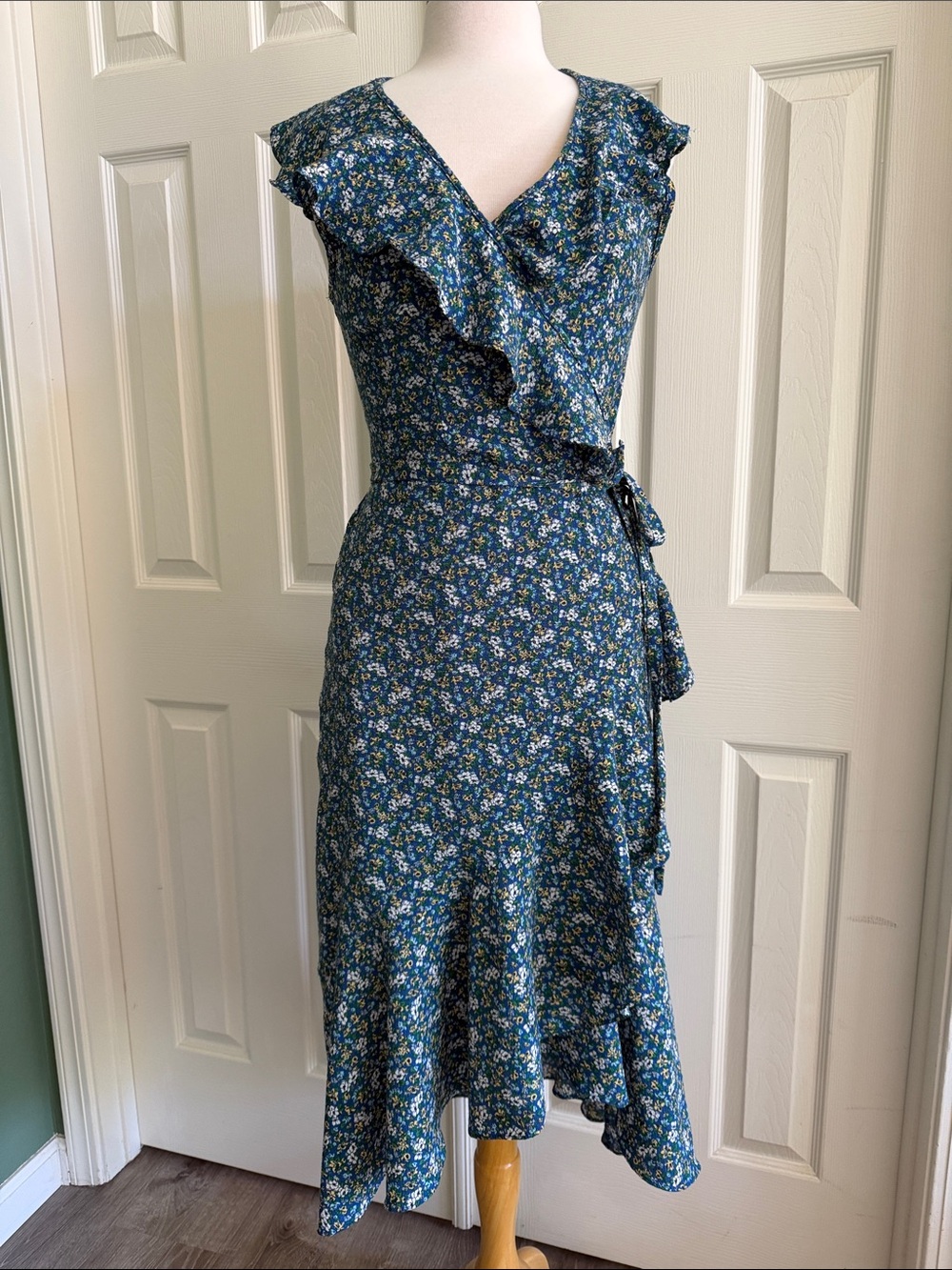 Max Studio Blue Floral Ruffle Wrap Dress